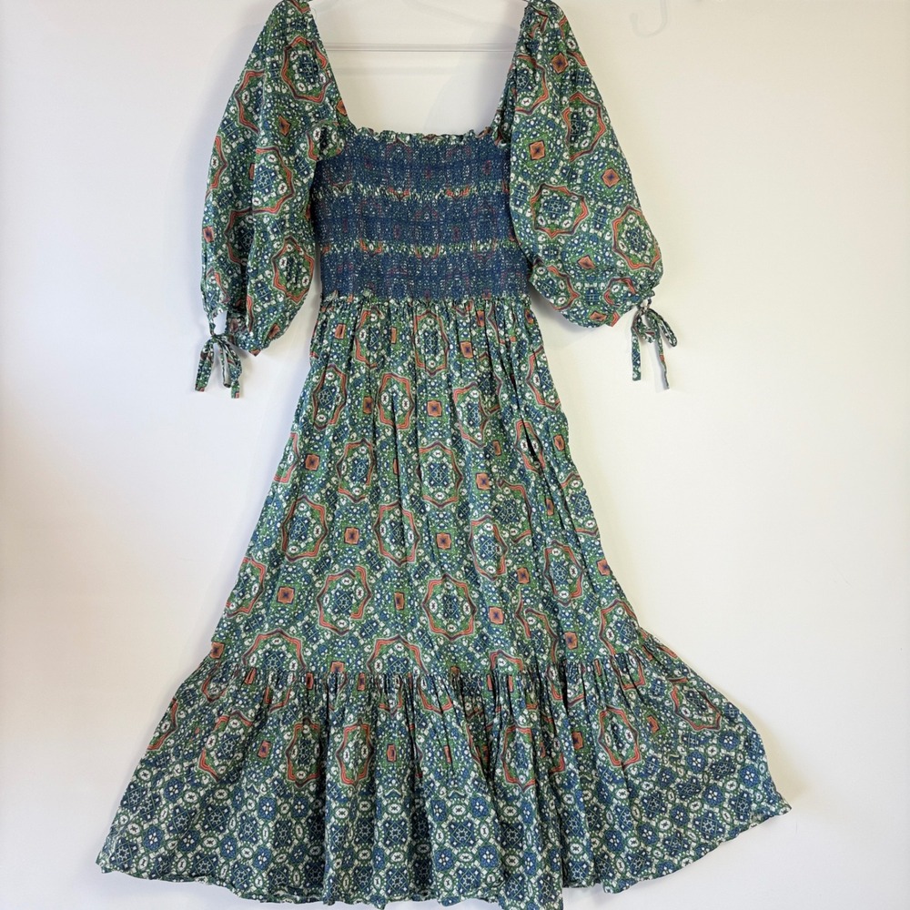 Cara‎ Cara Jazzy Dress Women Medium Teal Moroccan Tile Smocked Puff Sleeve Midi